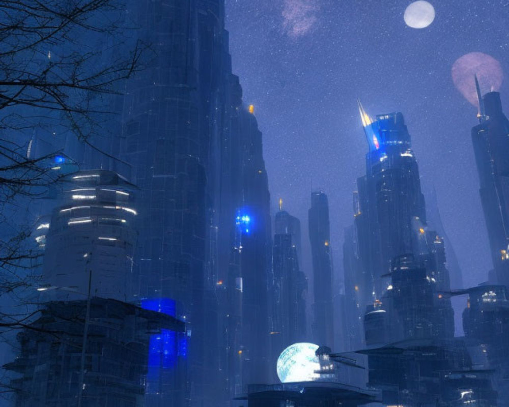 Futuristic night cityscape with illuminated skyscrapers and two moons