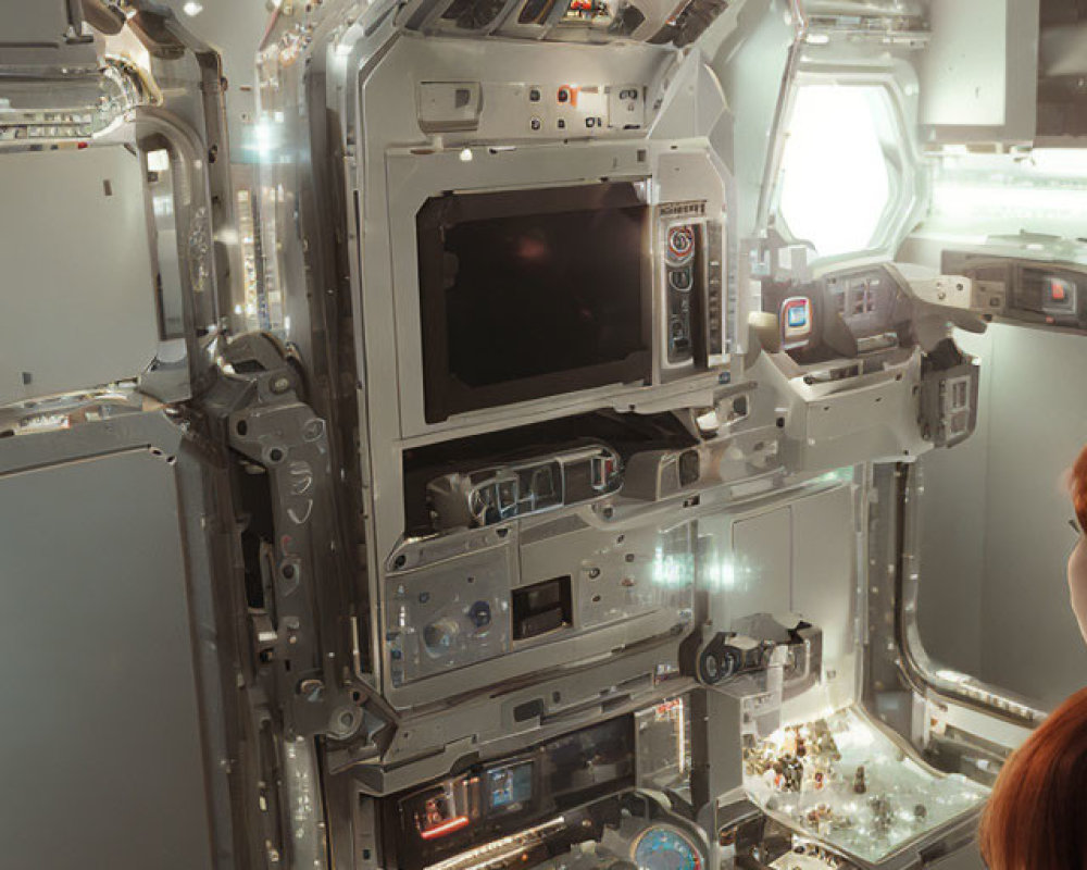 Spacecraft Module Interior with Control Panels and Astronaut Viewing Screen