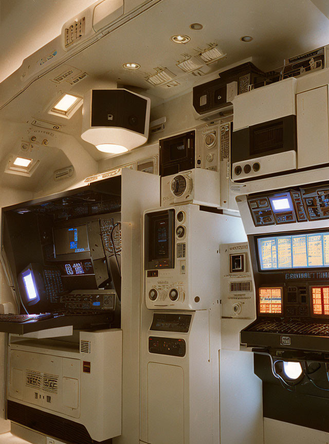 Retro-futuristic spacecraft cockpit with multiple monitors and control panels