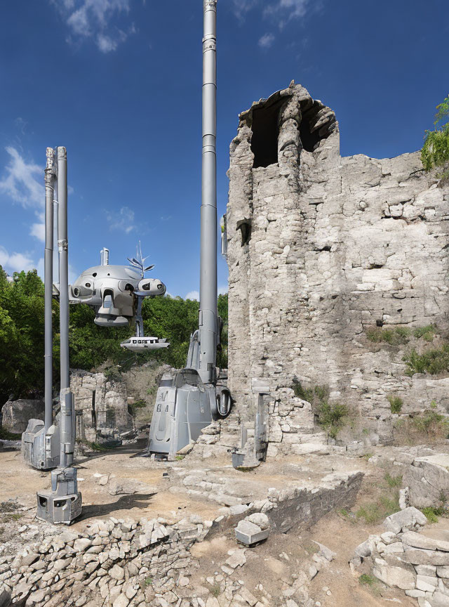 Futuristic robot resembling AT-AT walker next to ancient ruins