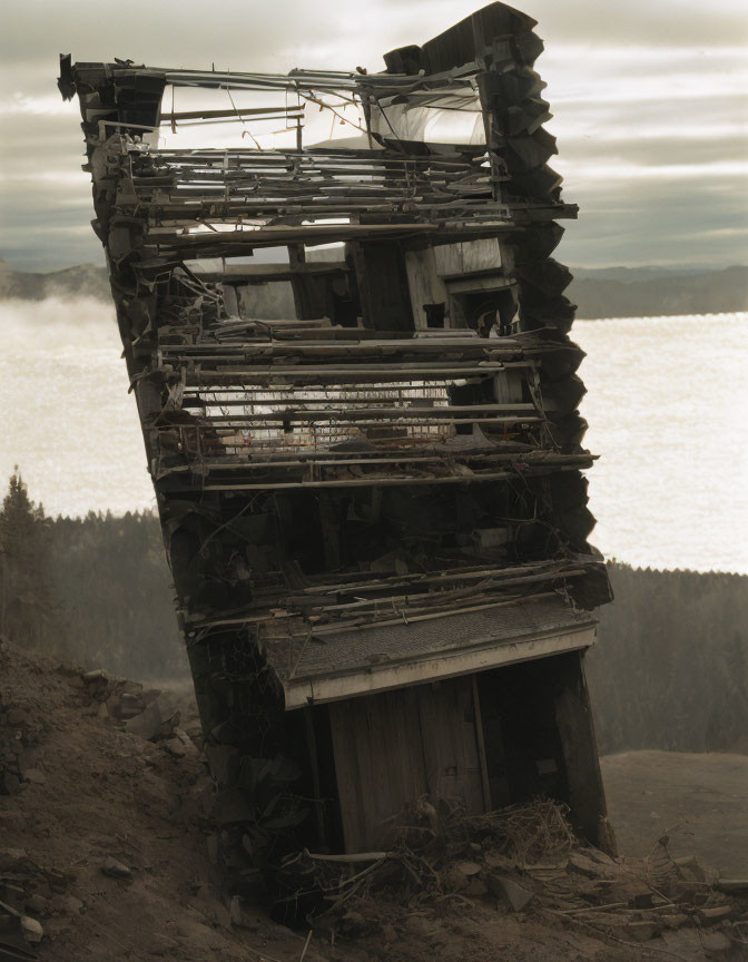 Weathered wooden structure on hillside overlooking misty lake