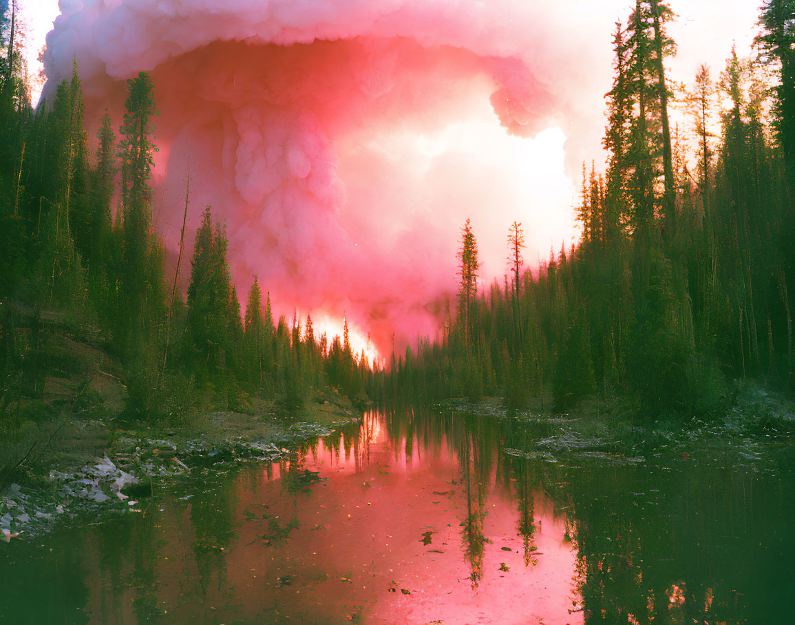 Tranquil forest reflection in calm lake under pink and orange sky