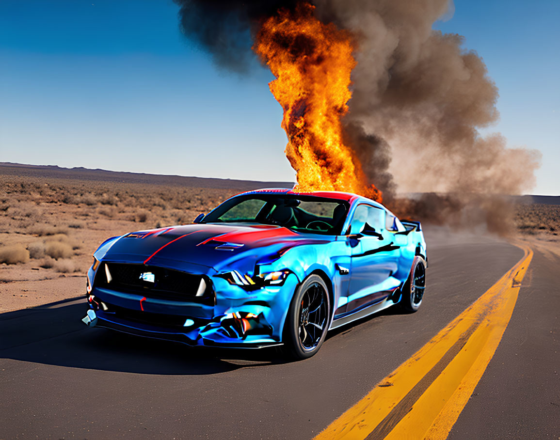 Shiny Blue Sports Car with Red Stripes Emitting Flames on Desert Road