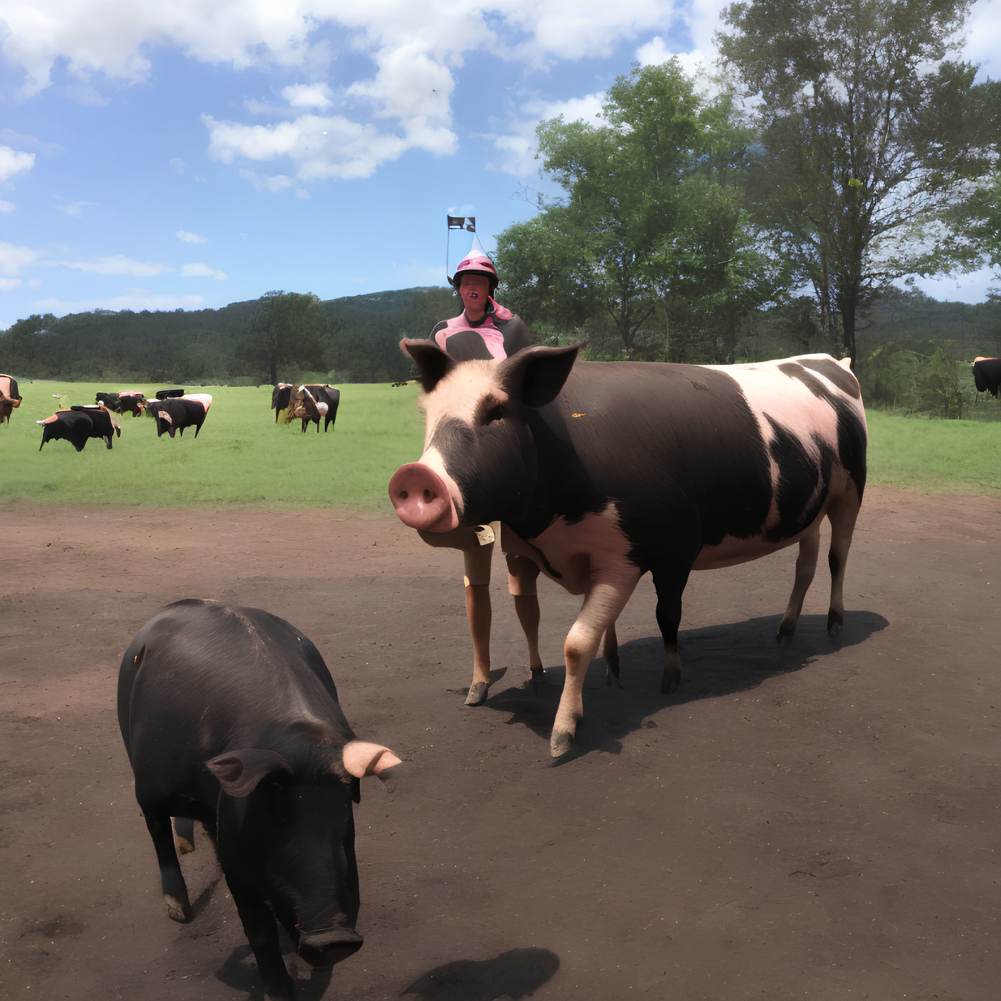 Child in pink helmet rides pig in field with cows under clear sky