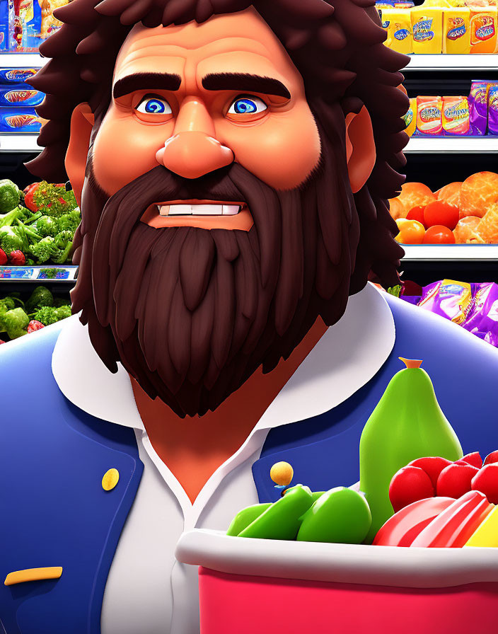 Bearded animated character in blue coat smiles at grocery shelves