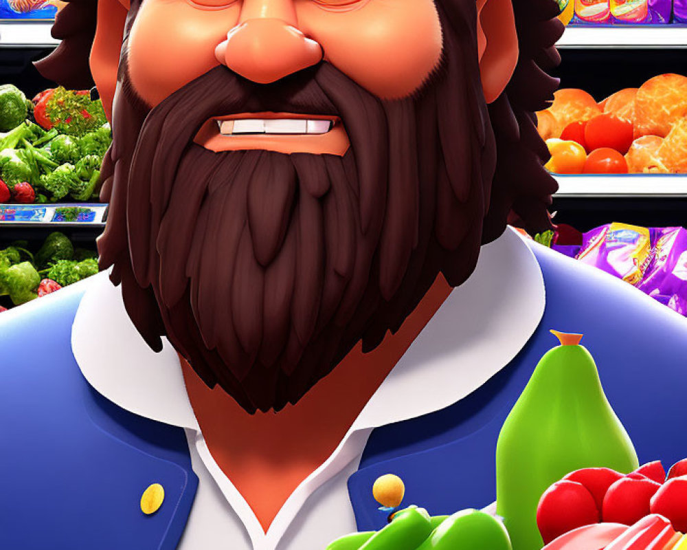 Bearded animated character in blue coat smiles at grocery shelves