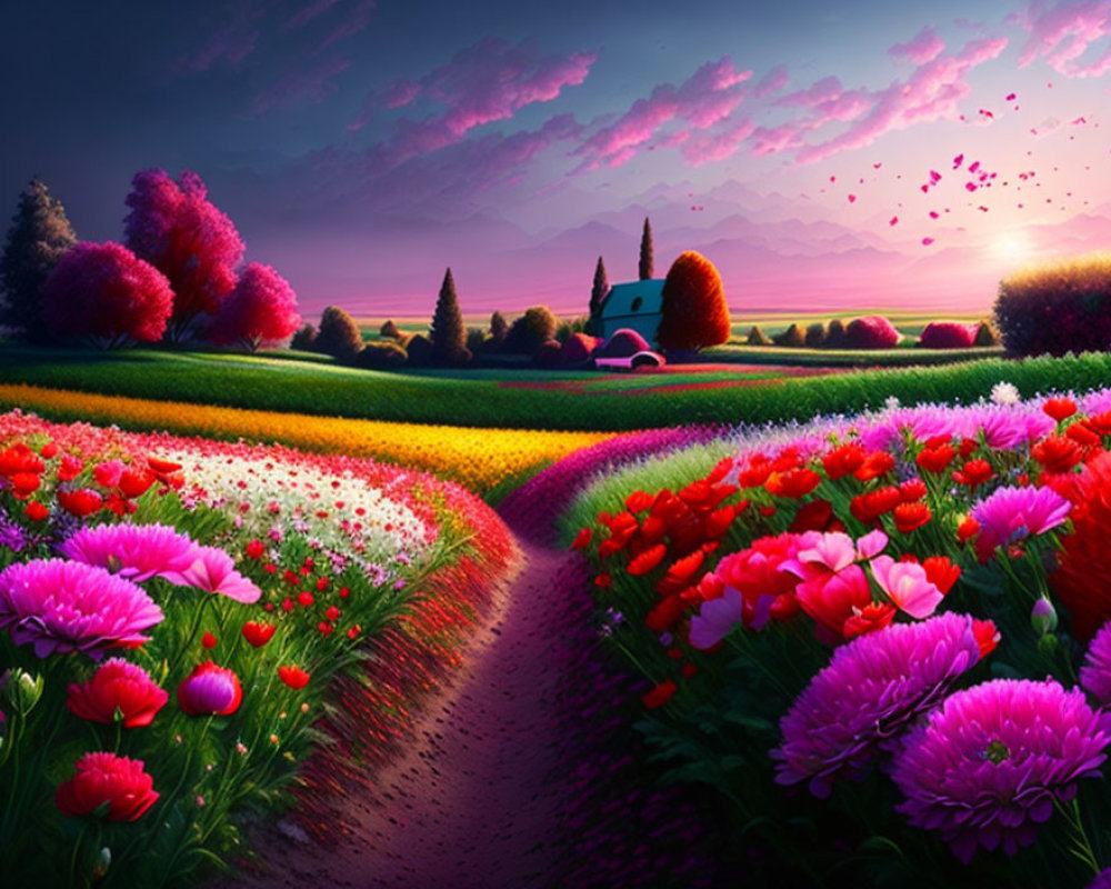 Colorful Flower Fields, Cottage Path, Trees, Sunset Sky & Birds