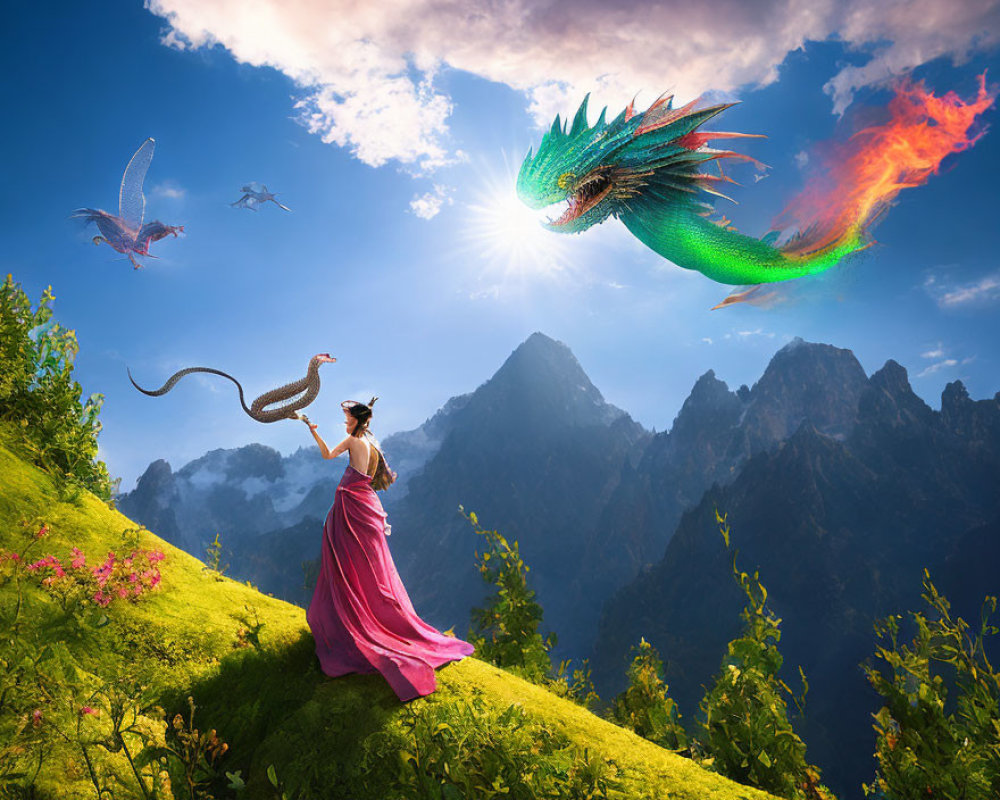 Woman in Pink Dress with Mythical Dragons on Hillside