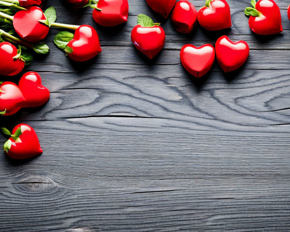 Heart-shaped chocolates and strawberries on dark wooden surface