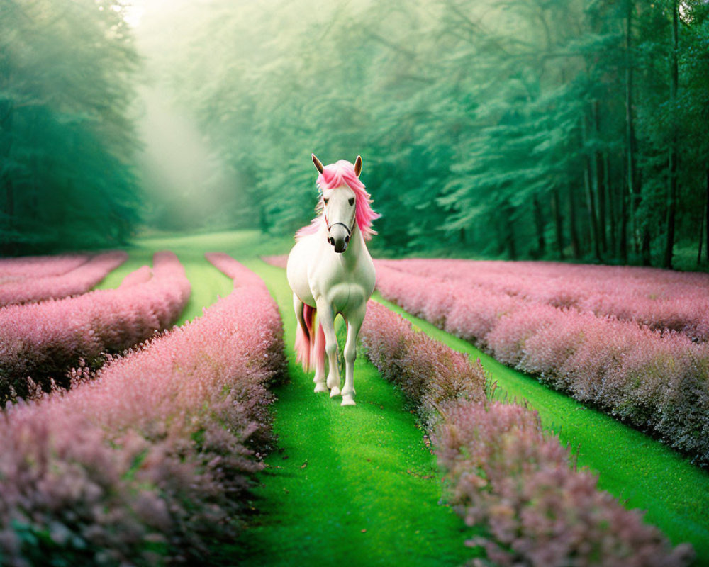 White horse with pink mane in vibrant flower field and misty forest landscape