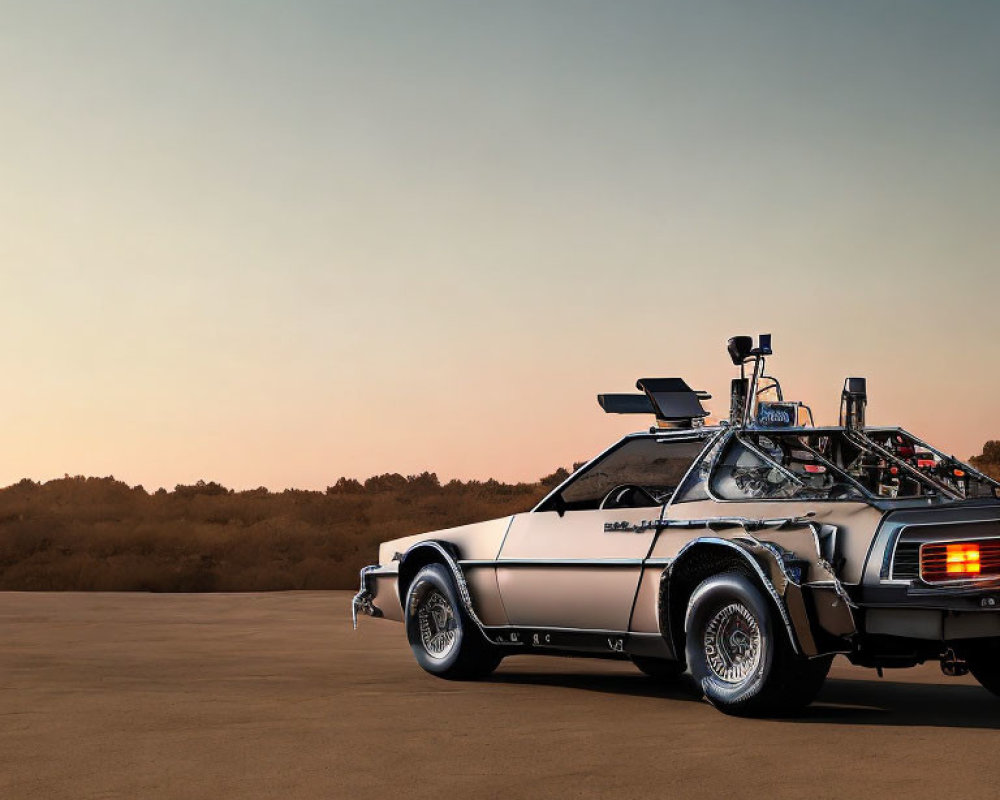 Modified DeLorean DMC-12 resembling "Back to the Future" time machine at sunset