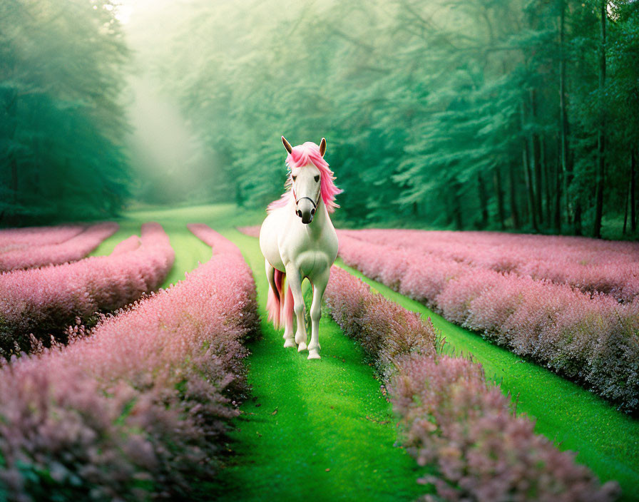 White horse with pink mane in vibrant flower field and misty forest landscape