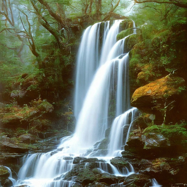 Tranquil waterfall over moss-covered rocks in lush green forest
