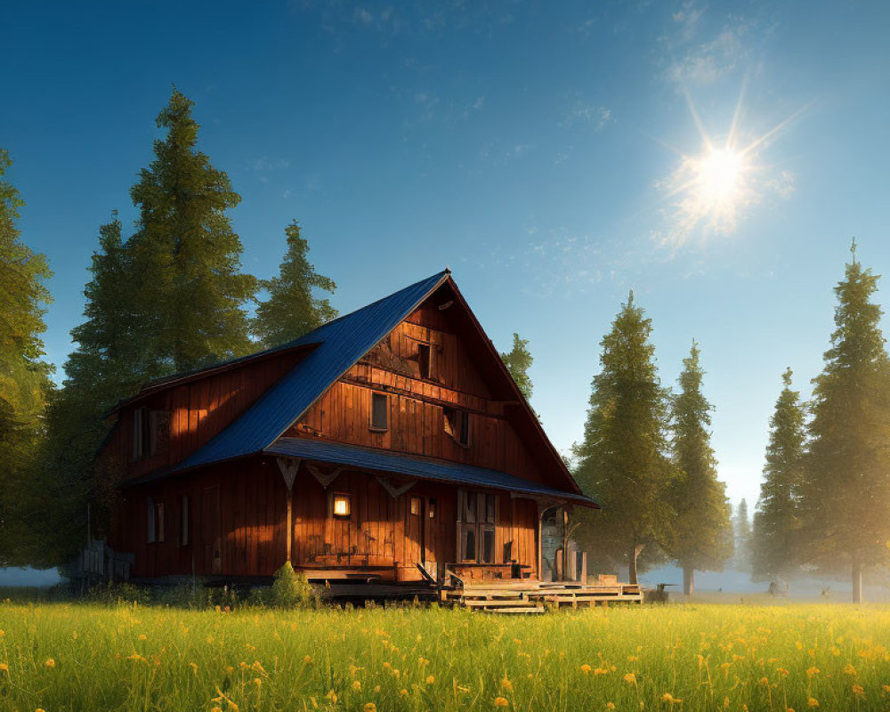 Rustic wooden cabin in blooming meadow at sunrise
