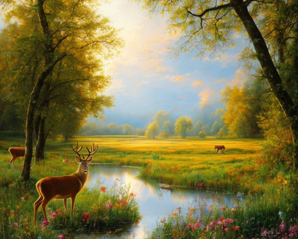 Tranquil landscape with deer by stream and lush greenery