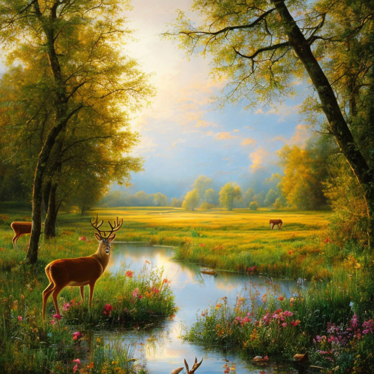 Tranquil landscape with deer by stream and lush greenery