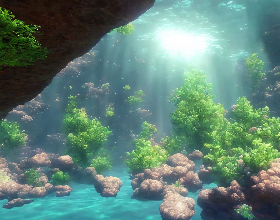 Underwater Scene with Sunlit Rock Overhang and Marine Life