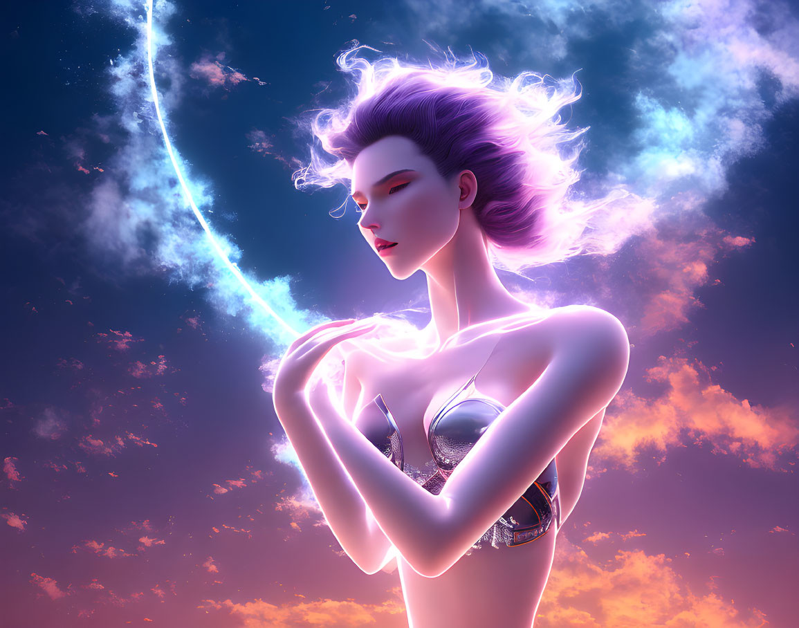 Surreal illustration of woman with purple hair in cosmic setting