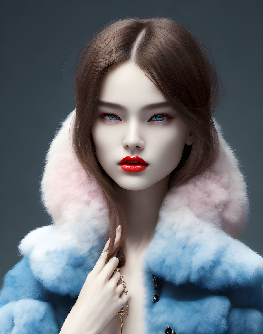 Portrait of Woman with Blue Eyes and Red Lips in Fur Coat
