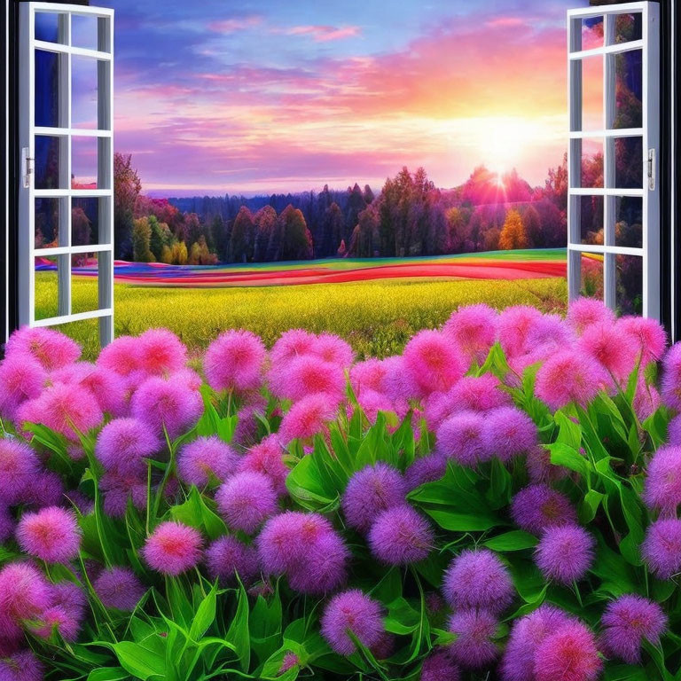 Vibrant sunset over colorful landscape with purple flowers and lush greenery.