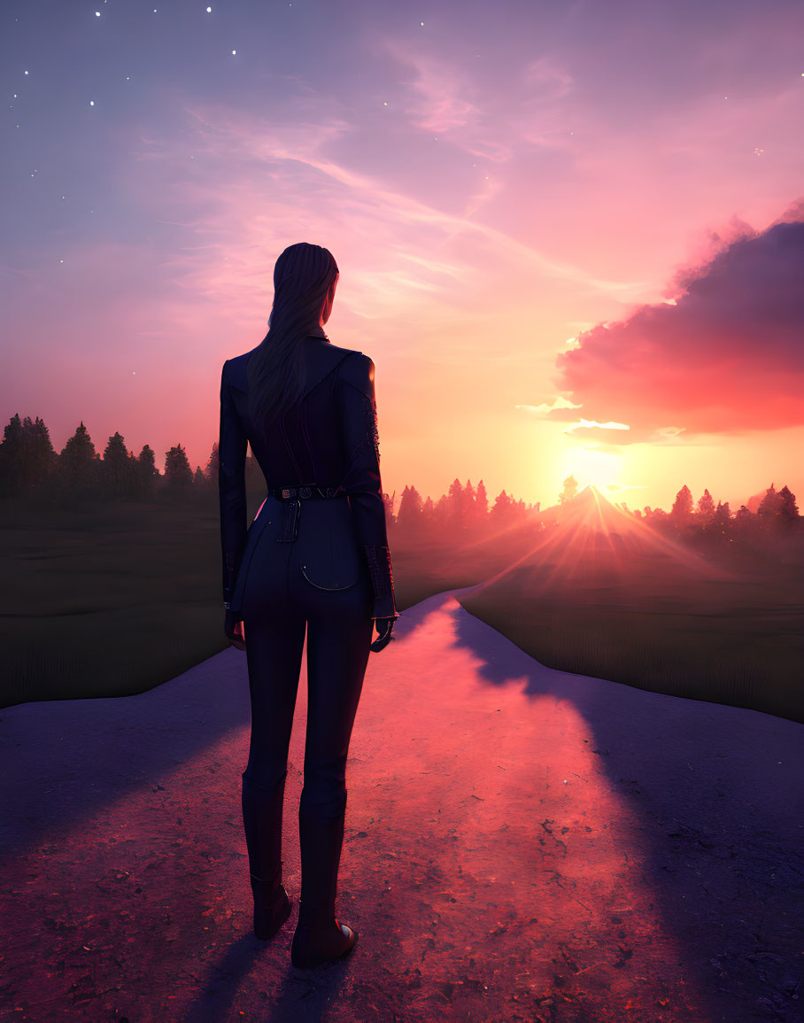 Woman admiring vibrant pink and orange sunset on forest path at dusk