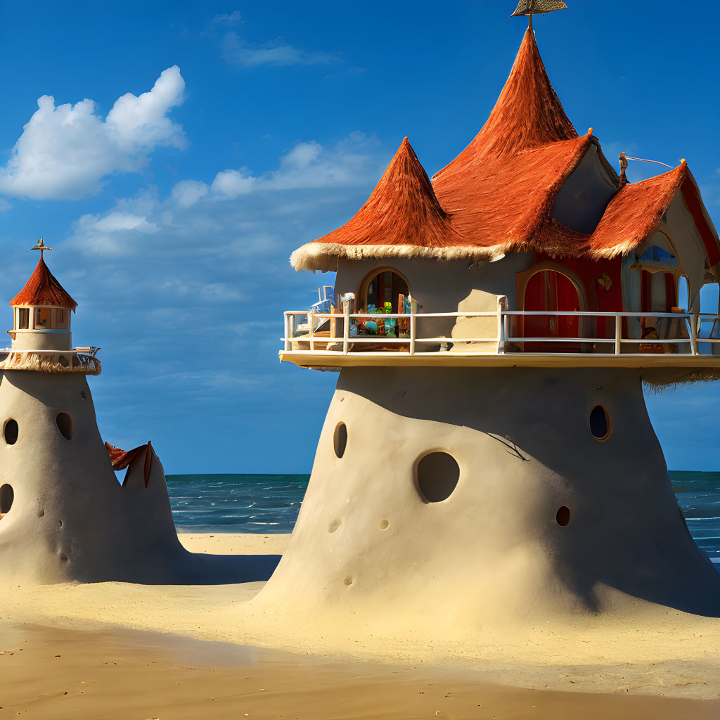 Whimsical fairy tale house with orange roofs on sandy beach