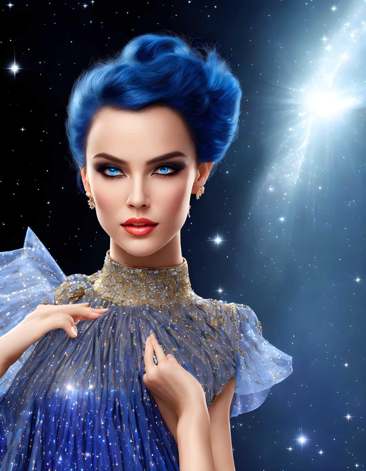 Digital Artwork: Woman with Blue Hair and Gold Dress on Starry Background