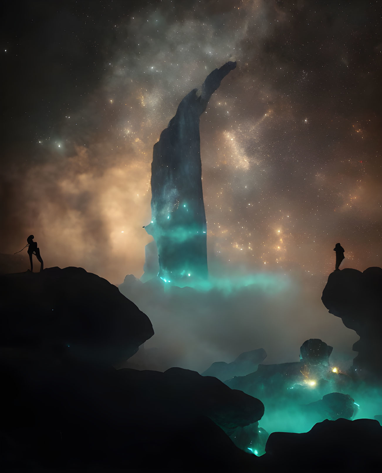Silhouetted figures on rocks near towering monolith in glowing mist