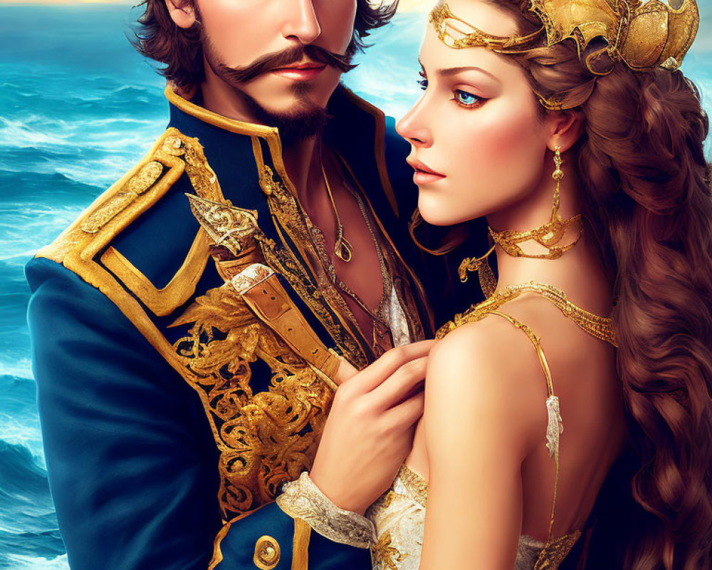 Historical couple in naval uniform and golden dress by the sea