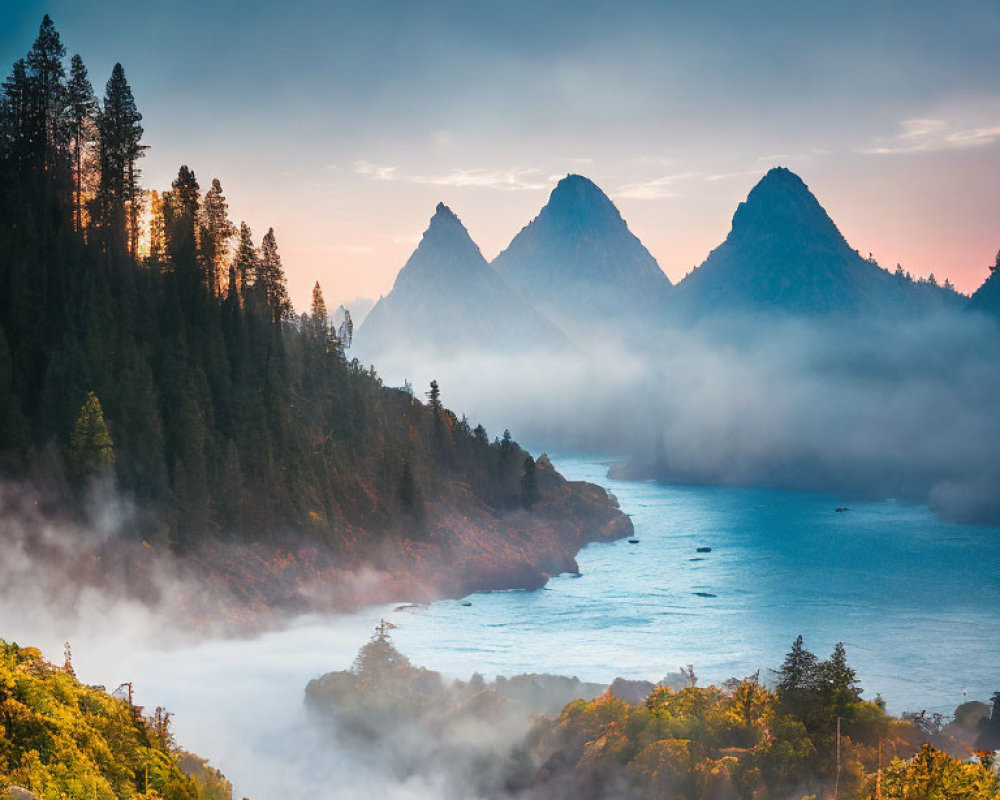 Serene sunrise landscape with misty river, forested hills, and mountain peaks