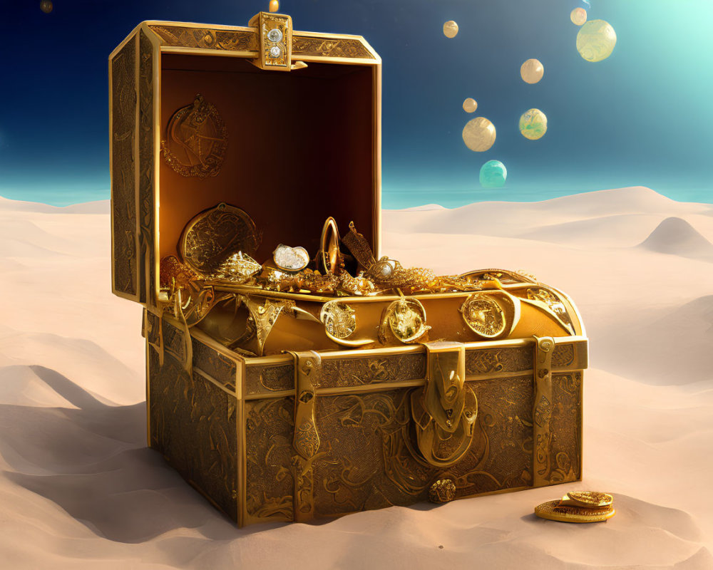 Golden treasure chest overflowing with coins, jewels, and goblets in desert setting
