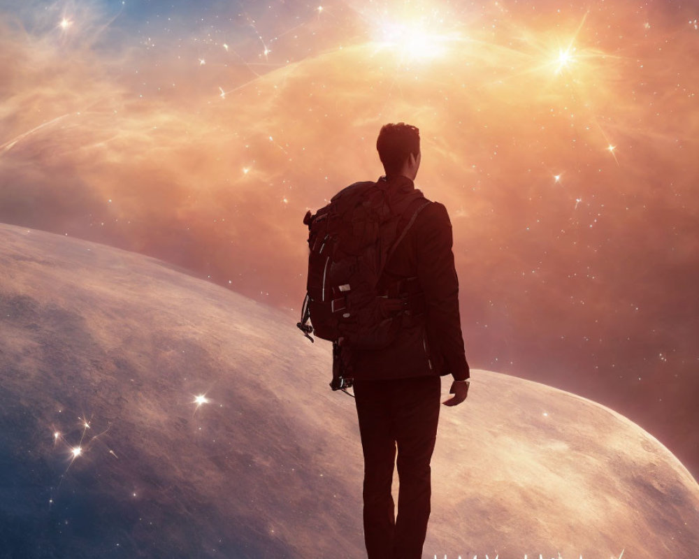 Person gazing at star-filled sky with planet, evoking adventure.