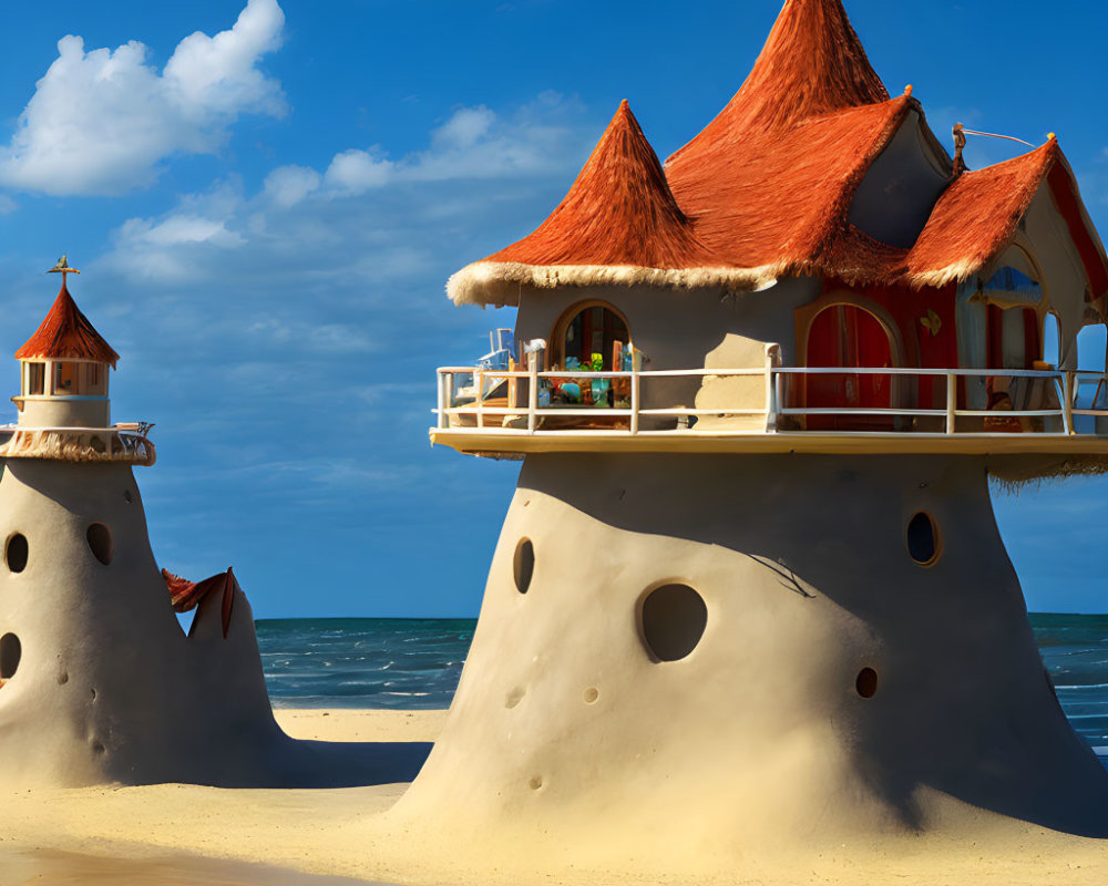 Whimsical fairy tale house with orange roofs on sandy beach