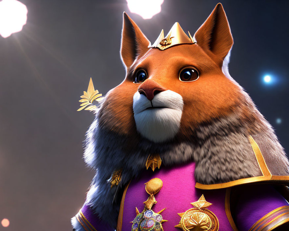 Anthropomorphic corgi in purple military uniform with crown and medals