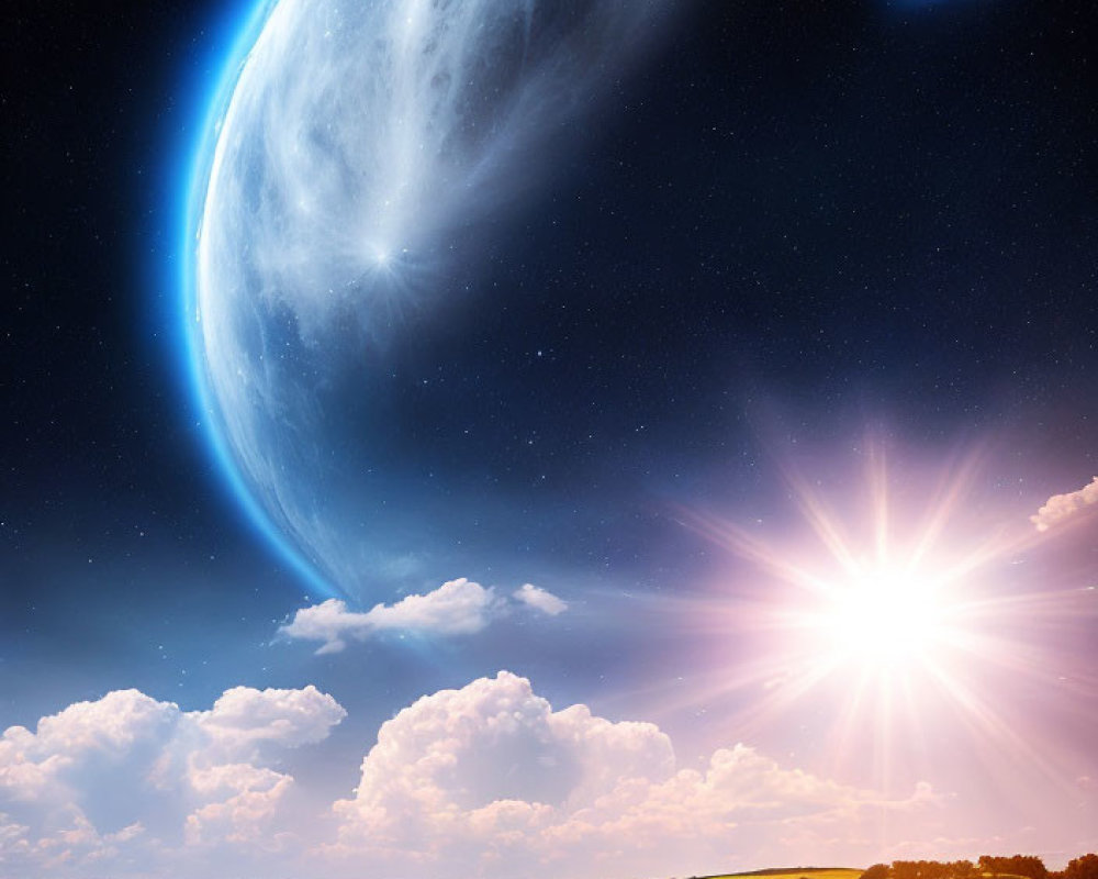 Surreal landscape with oversized moon and small planet above sunny rural field