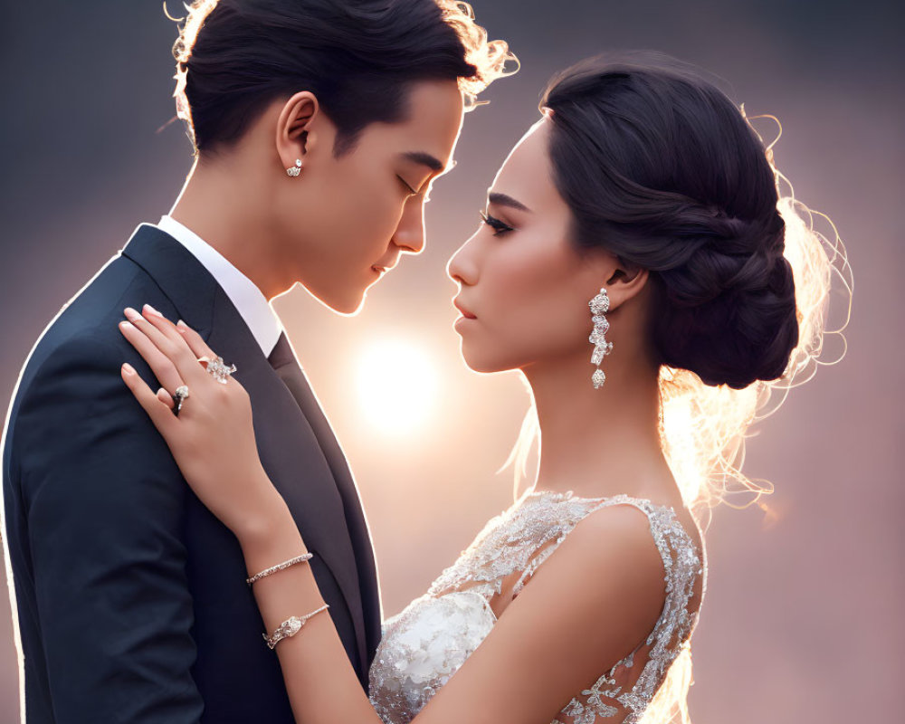 Elegant couple in romantic embrace with glowing halo effect