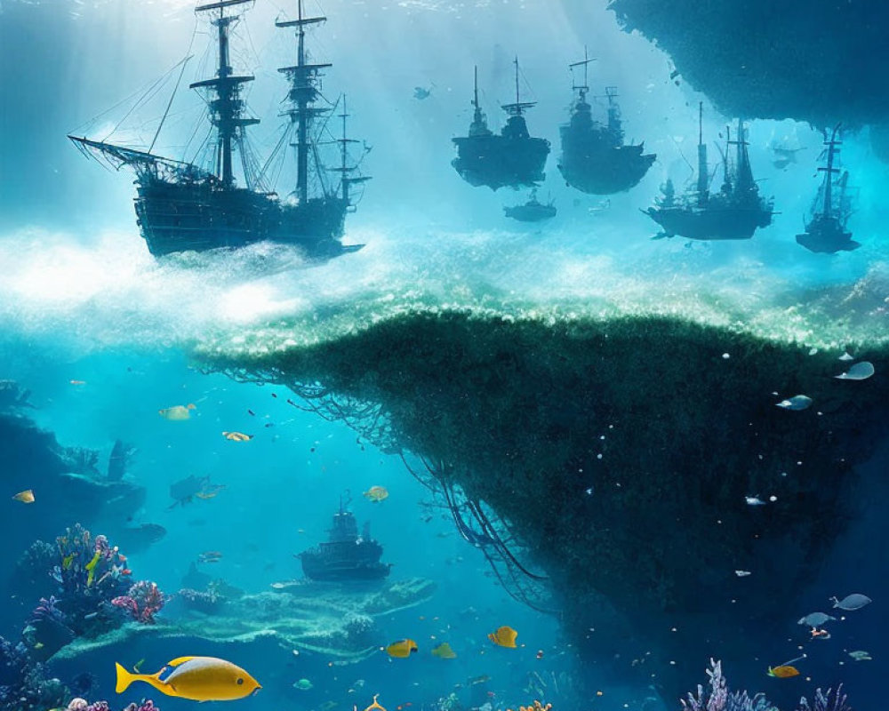 Vibrant underwater scene with sunken ships, fish, and coral