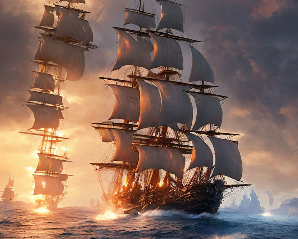 Majestic sailing ship on tumultuous ocean waves at sunset