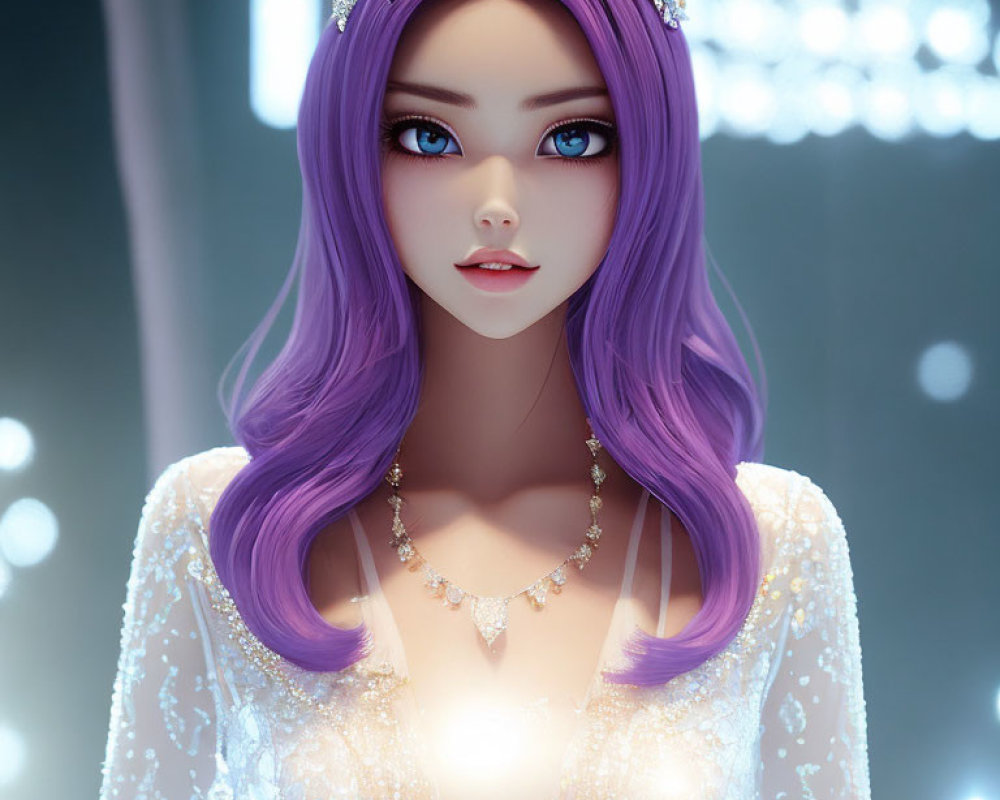 Character with Purple Hair Wearing Tiara and Necklace on Glowing Background