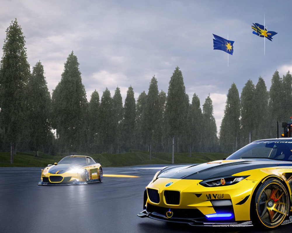 BMW race cars on wet track with EU and Swedish flags, drones, trees, and cloudy skies