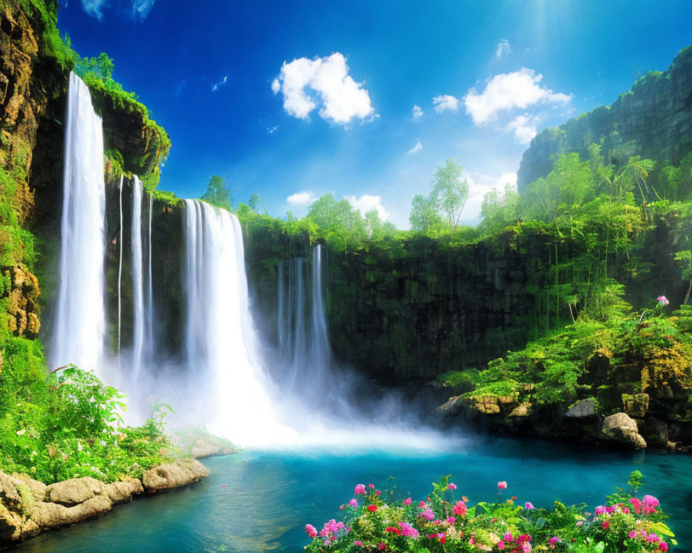 Majestic waterfall cascading into tranquil blue pool surrounded by lush green cliffs and vibrant flowers