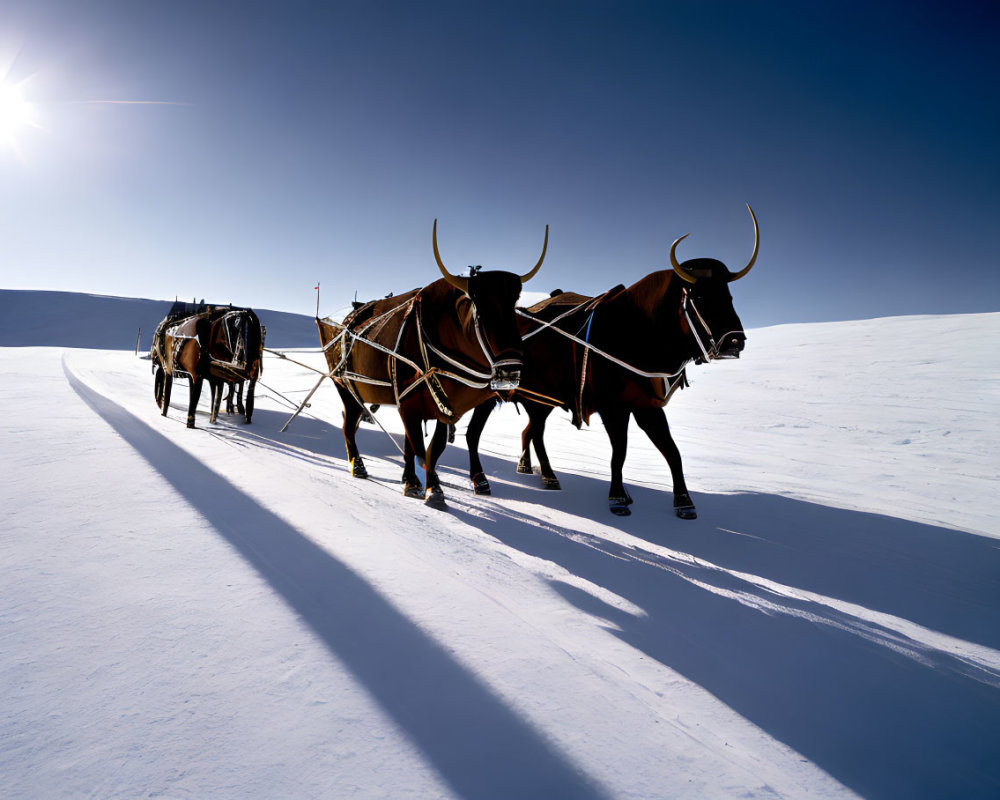 Winter scene: Oxen pulling sled under sunny sky