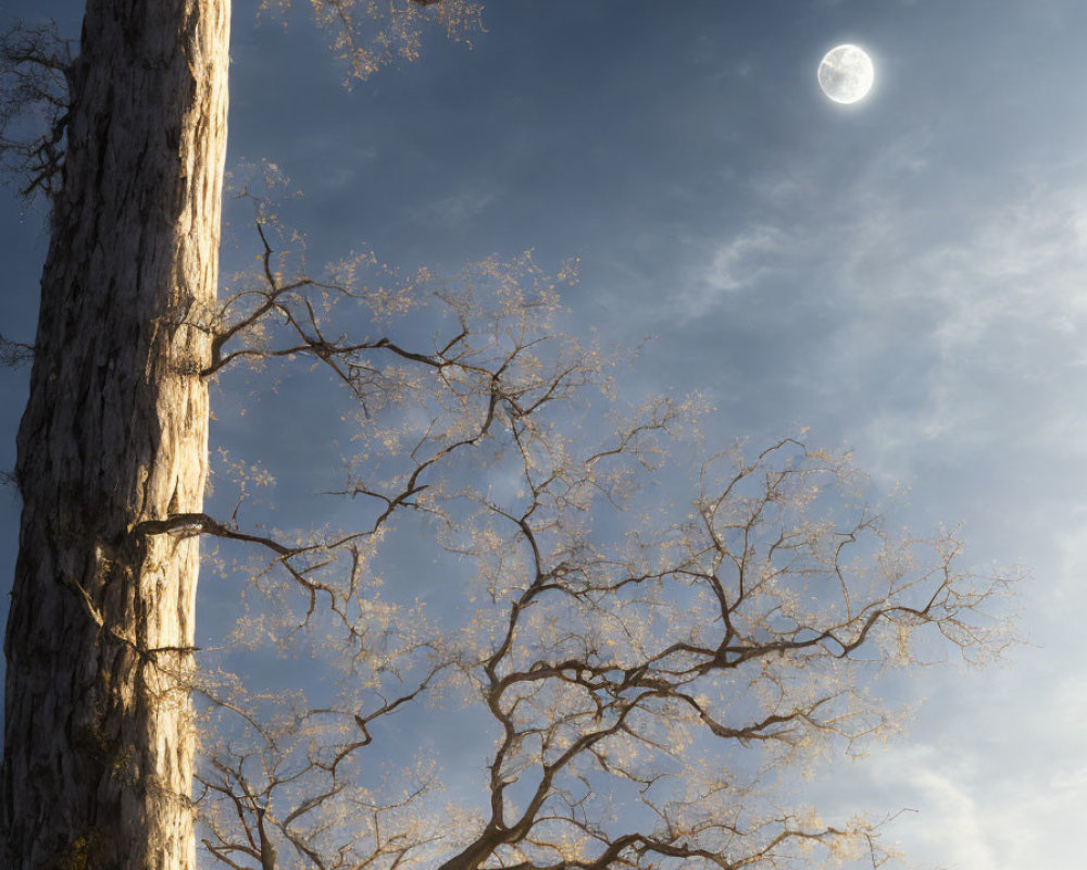 Barren tree next to towering trunk under moonlit sky