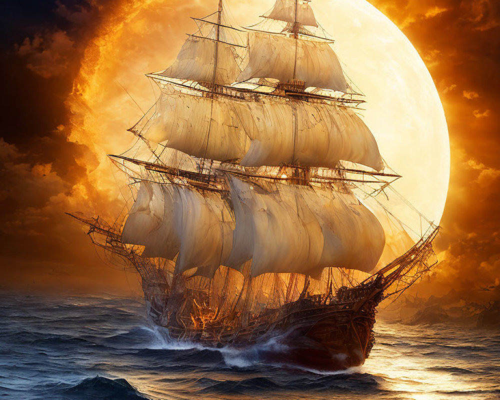 Sailing ship at sunset with full moon and fiery sky