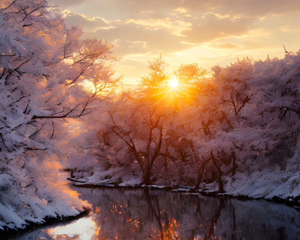 Snow-covered trees at sunset beside calm river