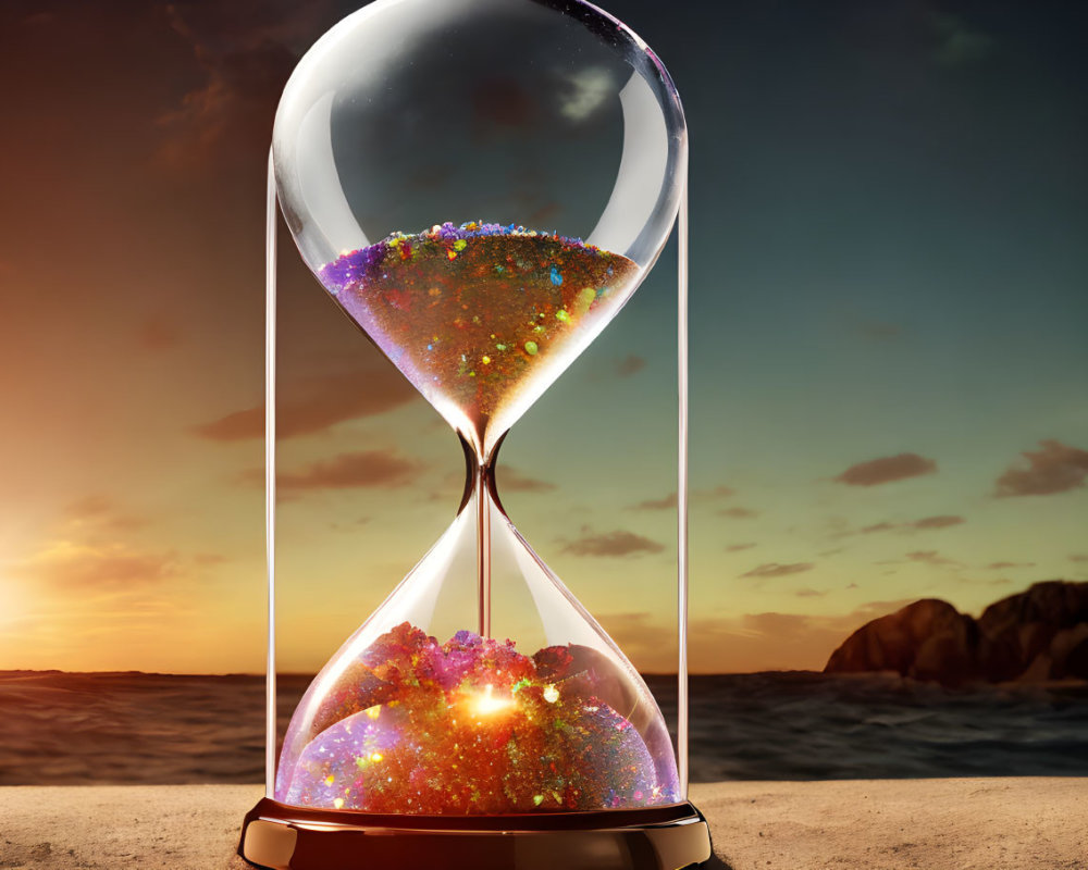 Sparkling particles in hourglass on sandy surface with sunset sky