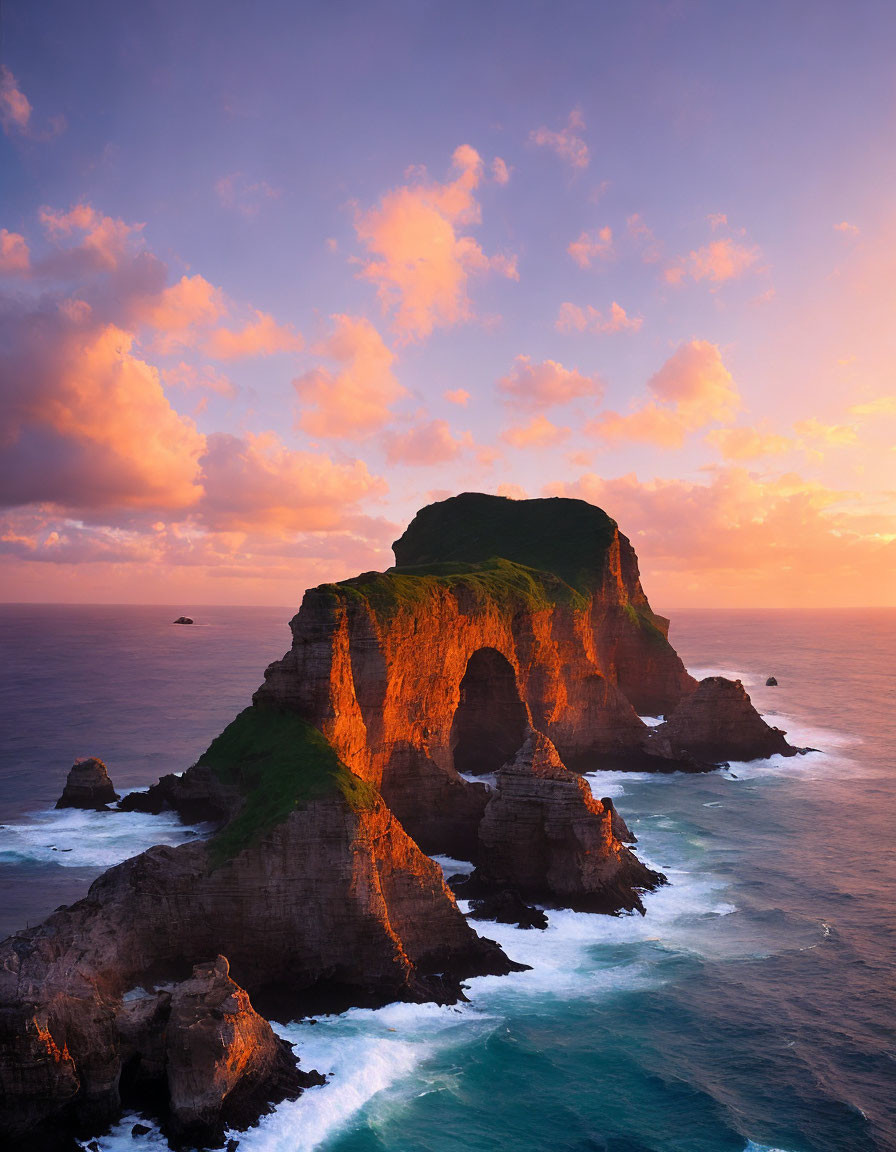 Sunset over rugged island with steep cliffs and turquoise sea