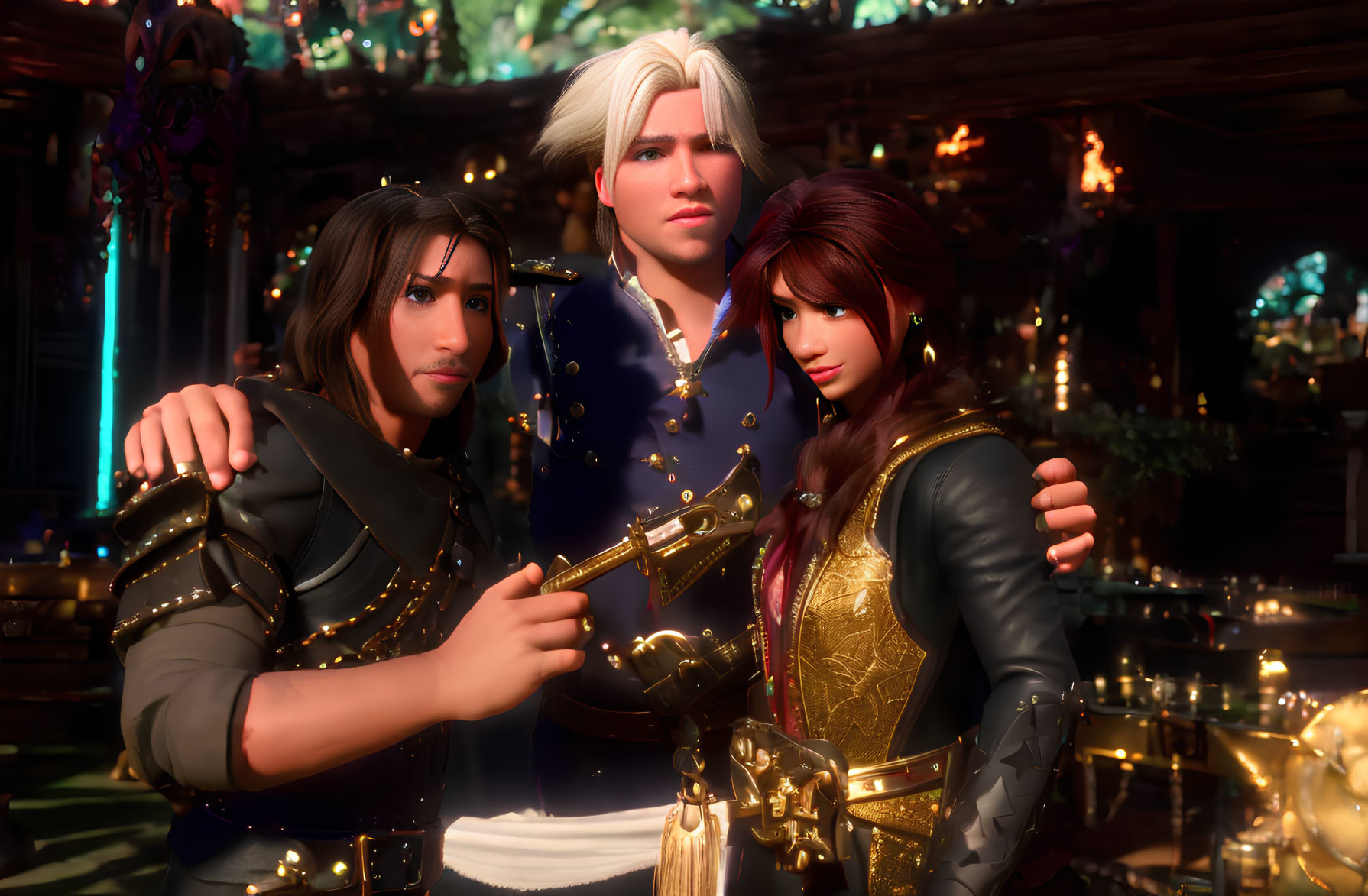 Three fantasy characters in medieval armor posing confidently in a tavern
