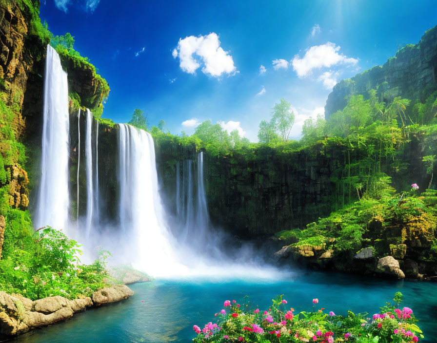 Majestic waterfall cascading into tranquil blue pool surrounded by lush green cliffs and vibrant flowers