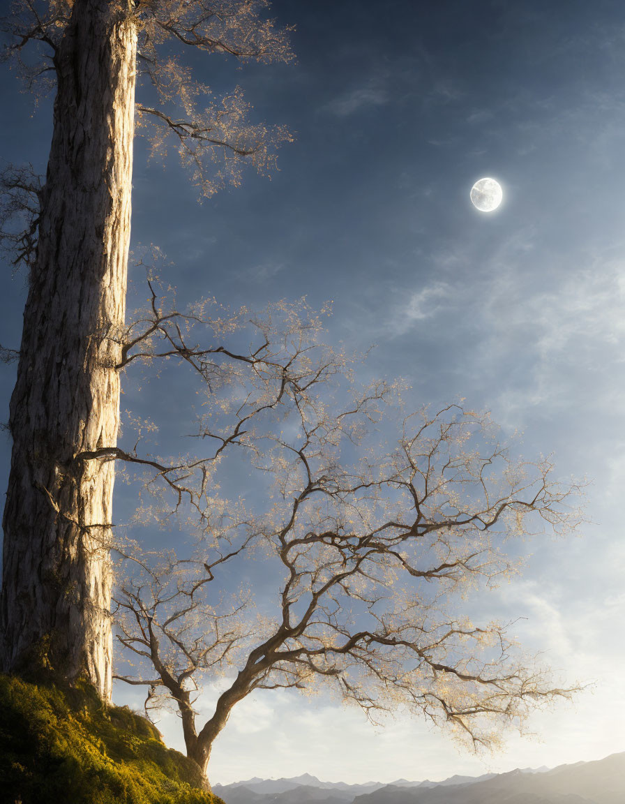 Barren tree next to towering trunk under moonlit sky